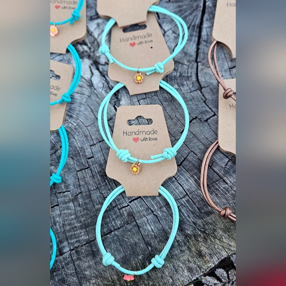 Light Blue Adjustable Minimal Leather cord bracelet with Flower Charm